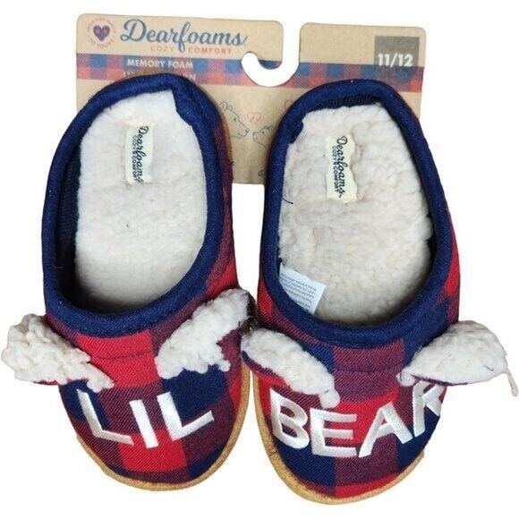 New Dearfoam Childrens 'Lil Bear' Slippers 11/12 Red Blue Plaid Memory Foam - Picture 1 of 7